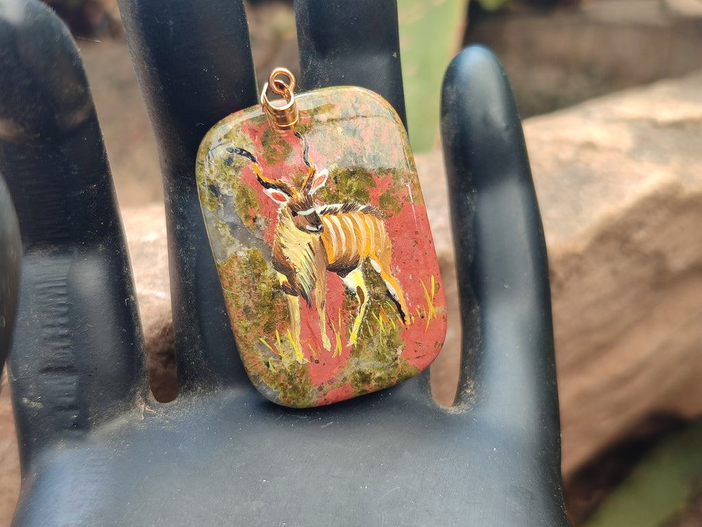Polished Unakite Pendant with Hand Painted Kudu - Sold Per Item - From South Africa - Toprock Gemstones and Minerals 