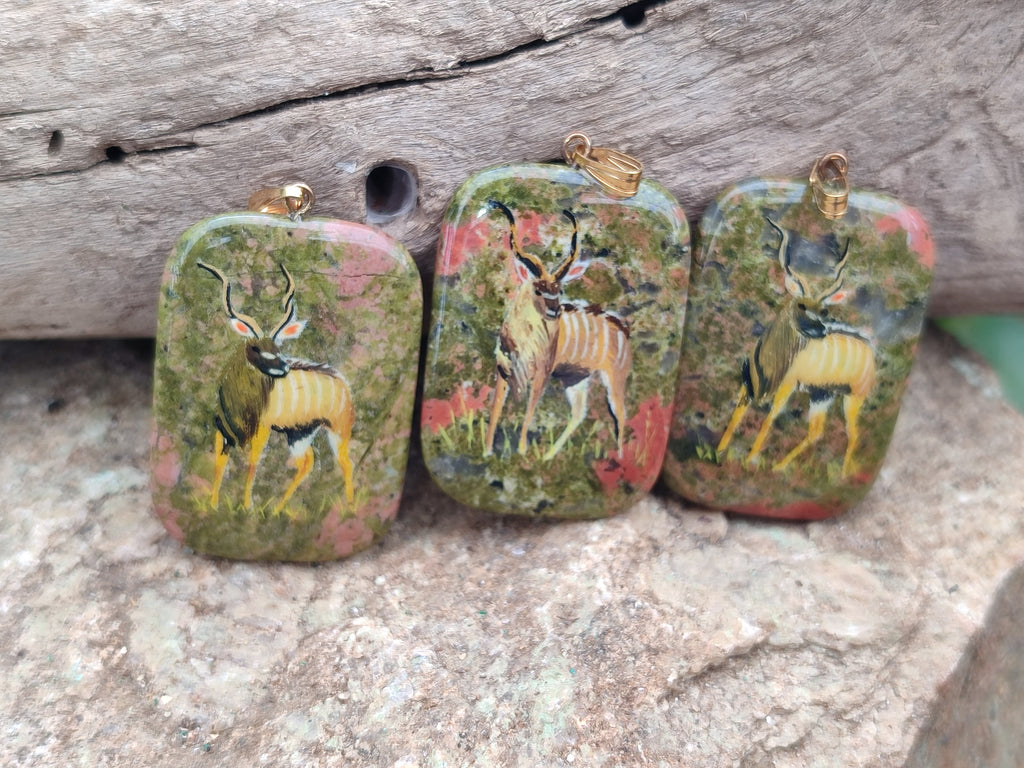 Polished Unakite Pendant with Hand Painted Kudu - Sold Per Item - From South Africa - Toprock Gemstones and Minerals 