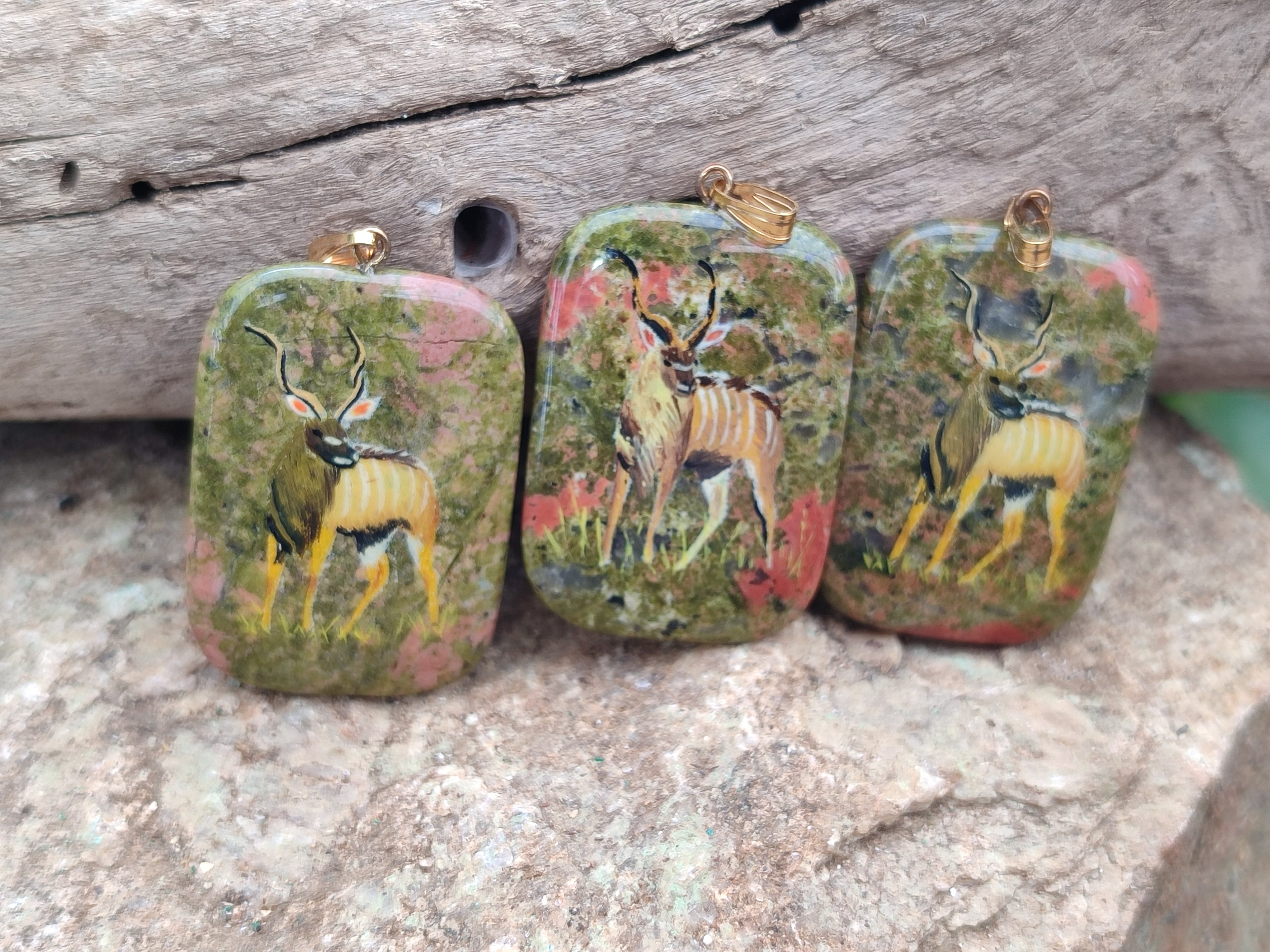 Polished Unakite Pendant with Hand Painted Kudu - Sold Per Item - From South Africa - Toprock Gemstones and Minerals 