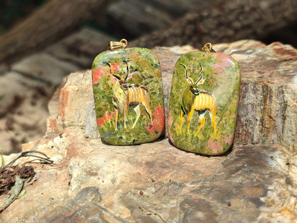 Polished Unakite Pendant with Hand Painted Kudu - Sold Per Item - From South Africa - Toprock Gemstones and Minerals 