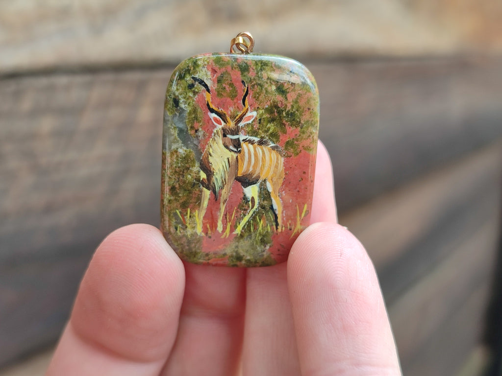 Polished Unakite Pendant with Hand Painted Kudu - Sold Per Item - From South Africa - Toprock Gemstones and Minerals 