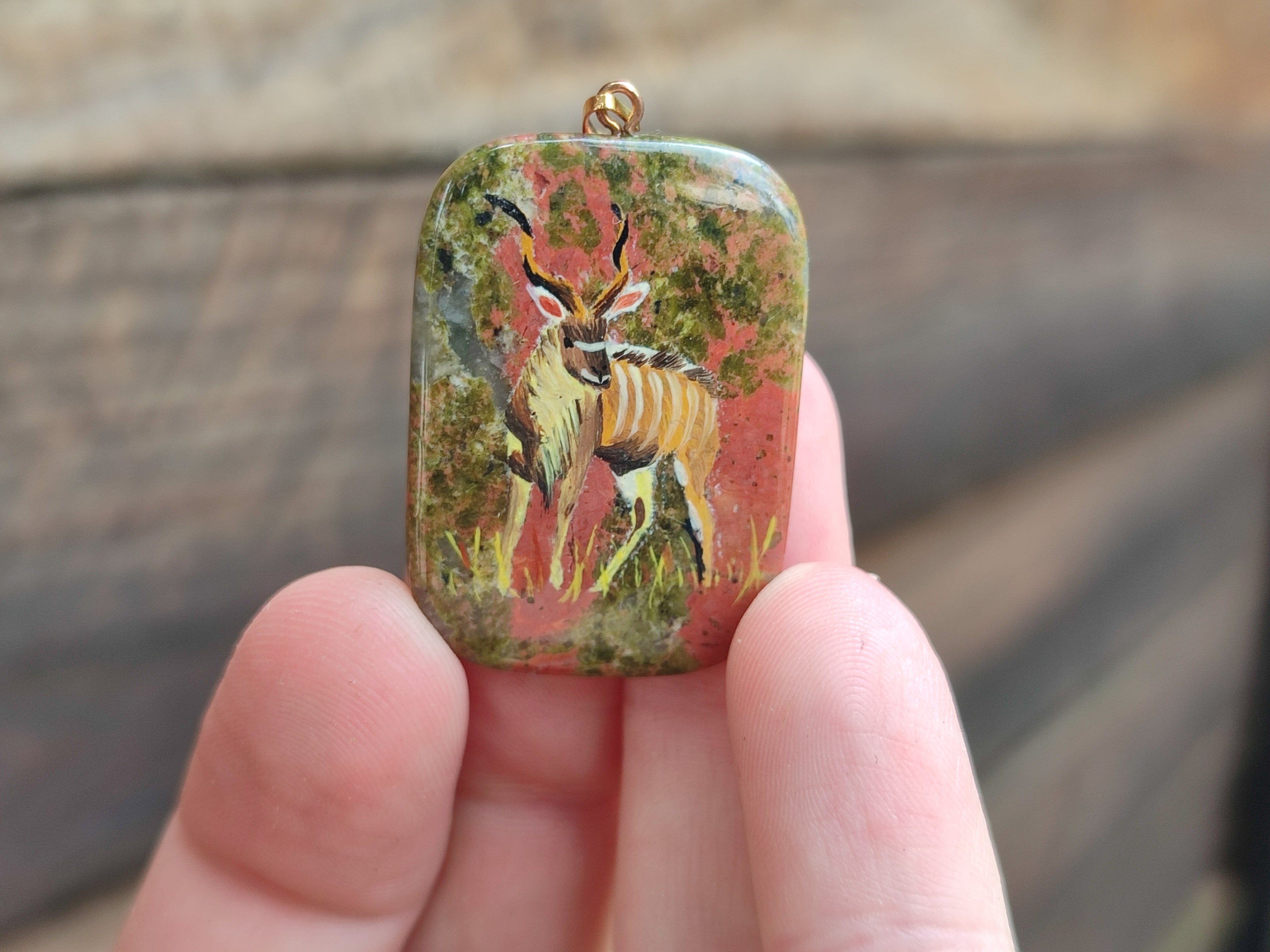 Polished Unakite Pendant with Hand Painted Kudu - Sold Per Item - From South Africa - Toprock Gemstones and Minerals 