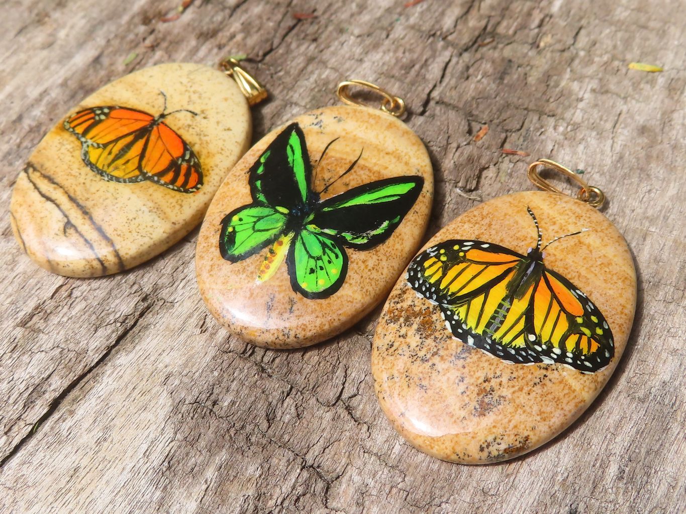 Polished Picture Stone Pendant with Hand Painted Butterflies - Sold Per Item - From Namibia - Toprock Gemstones and Minerals 