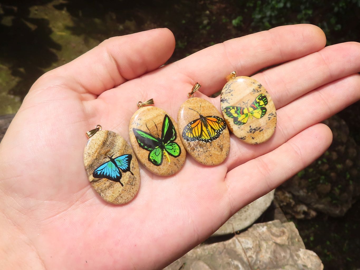 Polished Picture Stone Pendant with Hand Painted Butterflies - Sold Per Item - From Namibia - Toprock Gemstones and Minerals 