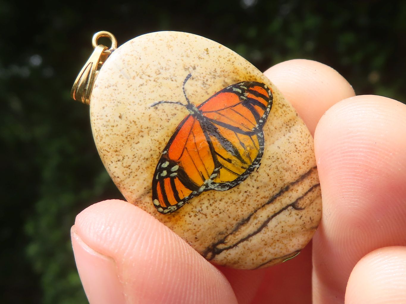 Polished Picture Stone Pendant with Hand Painted Butterflies - Sold Per Item - From Namibia - Toprock Gemstones and Minerals 