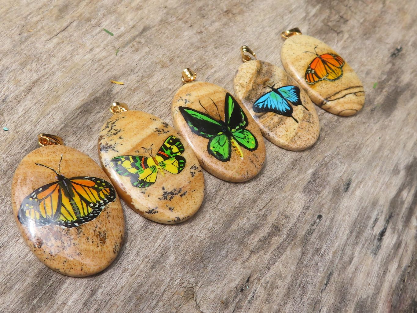 Polished Picture Stone Pendant with Hand Painted Butterflies - Sold Per Item - From Namibia - Toprock Gemstones and Minerals 