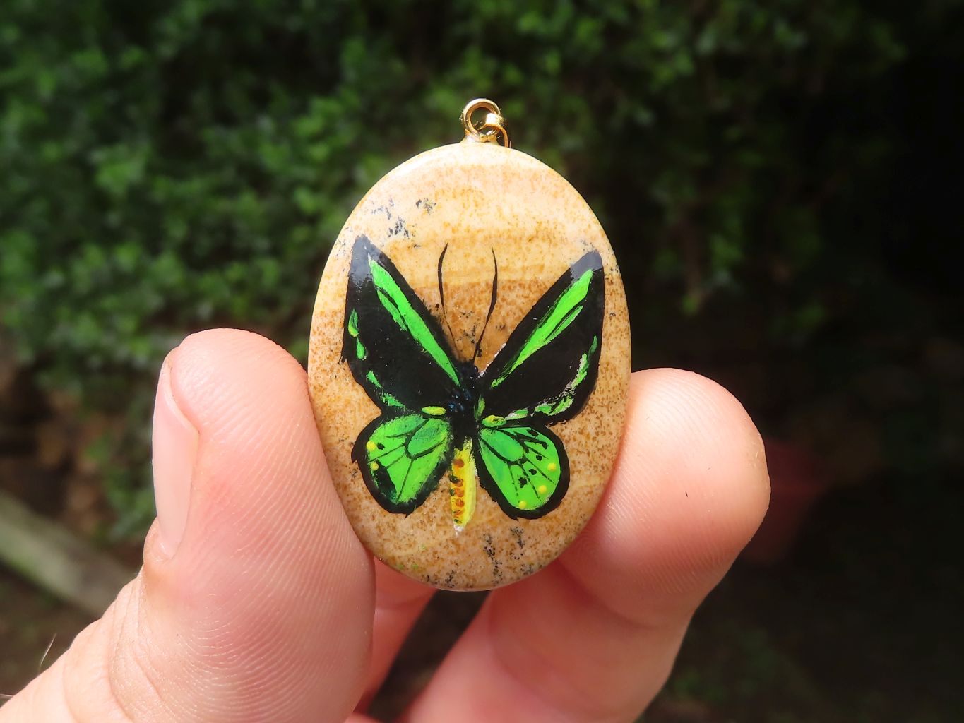 Polished Picture Stone Pendant with Hand Painted Butterflies - Sold Per Item - From Namibia - Toprock Gemstones and Minerals 