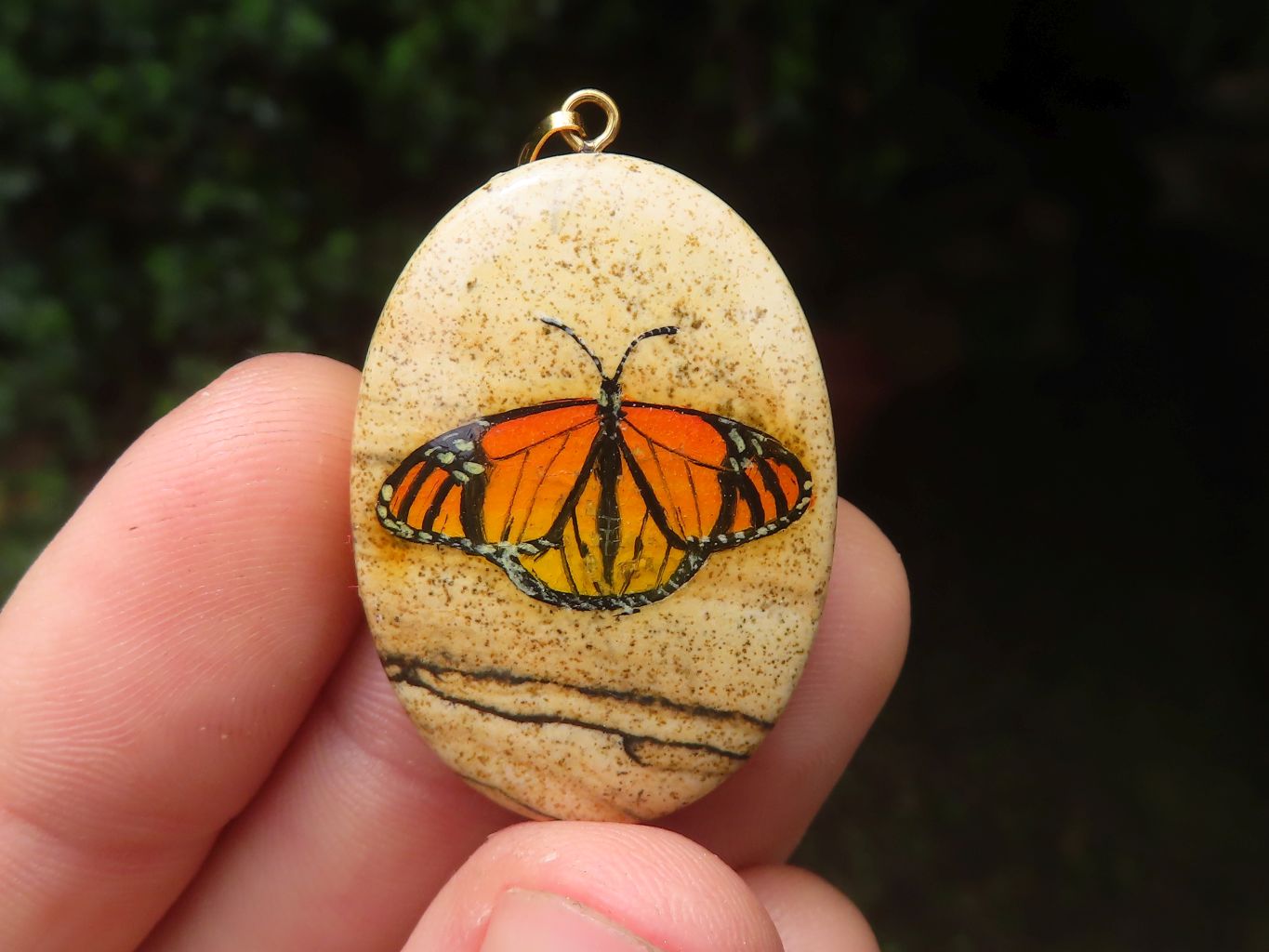 Polished Picture Stone Pendant with Hand Painted Butterflies - Sold Per Item - From Namibia - Toprock Gemstones and Minerals 