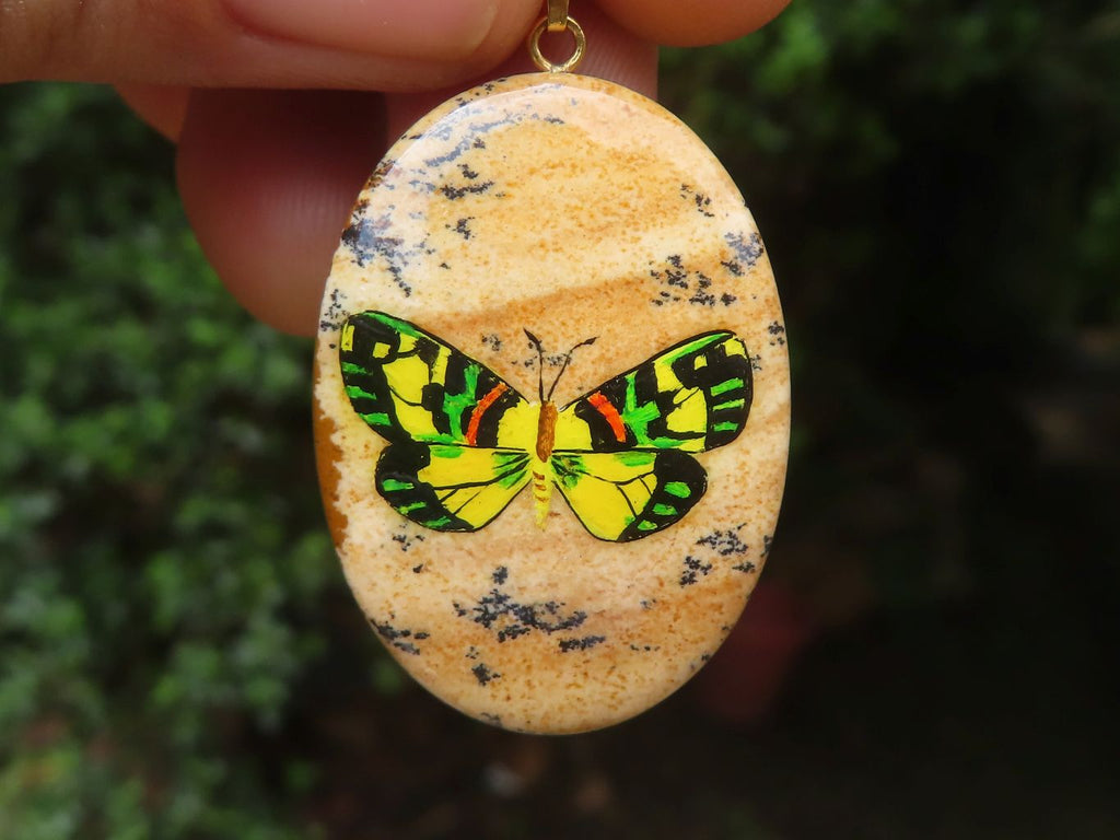 Polished Picture Stone Pendant with Hand Painted Butterflies - Sold Per Item - From Namibia - Toprock Gemstones and Minerals 