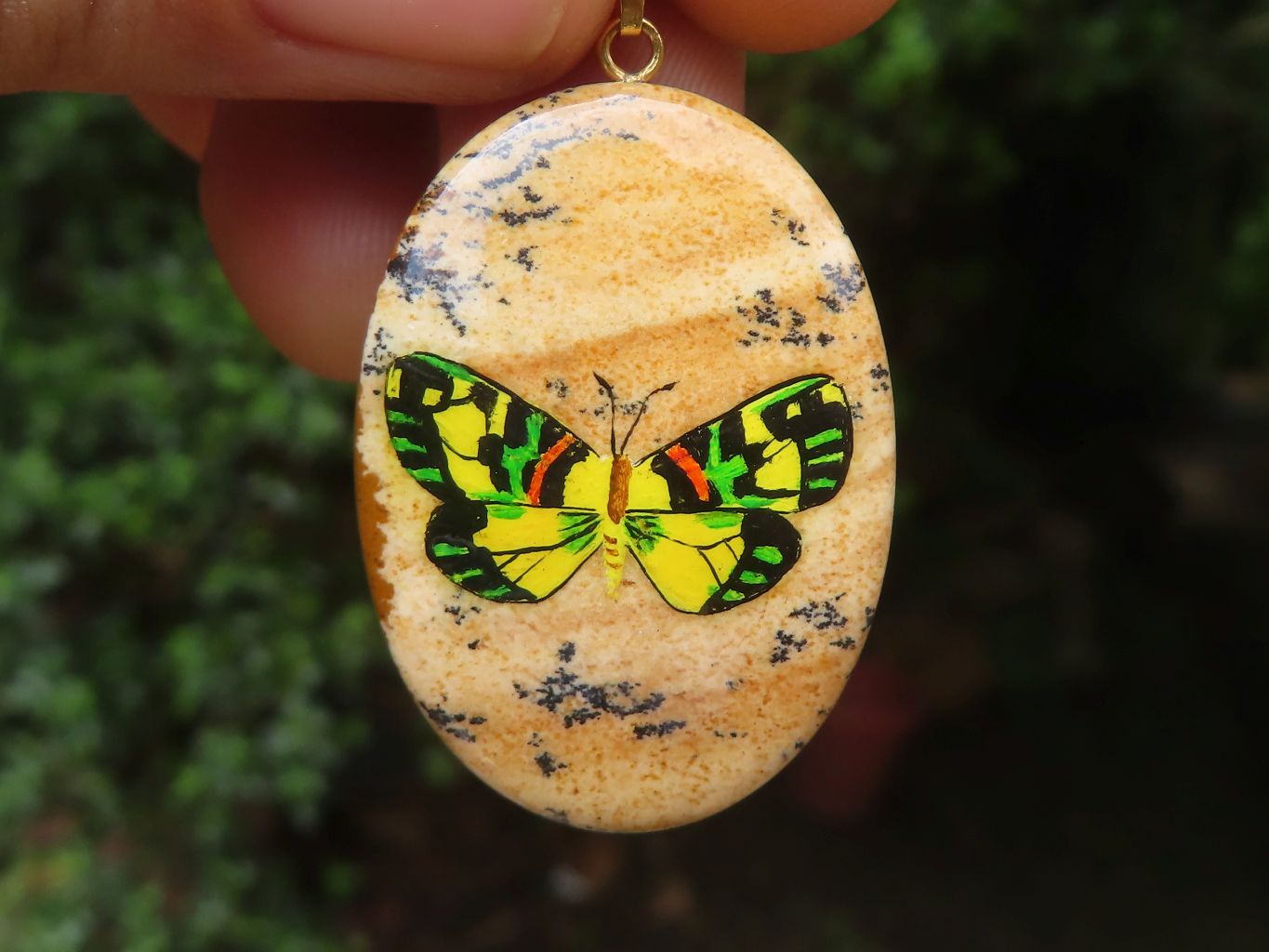 Polished Picture Stone Pendant with Hand Painted Butterflies - Sold Per Item - From Namibia - Toprock Gemstones and Minerals 