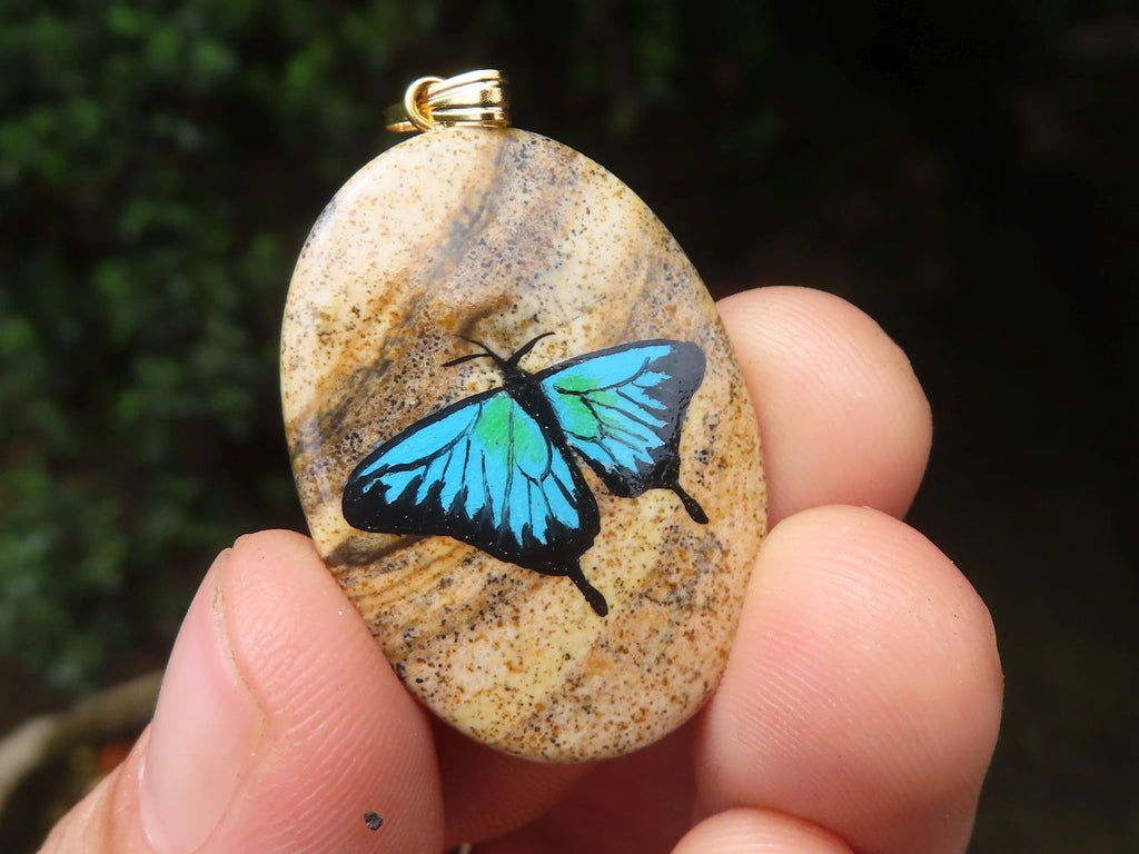 Polished Picture Stone Pendant with Hand Painted Butterflies - Sold Per Item - From Namibia - Toprock Gemstones and Minerals 