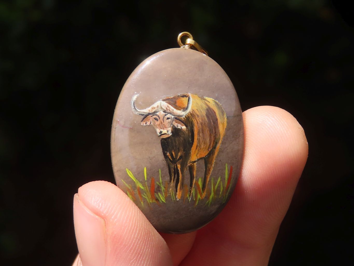 Polished Polychrome Jasper Pendant with Hand Painted Buffaloes - sold per item - From Madagascar - Toprock Gemstones and Minerals 