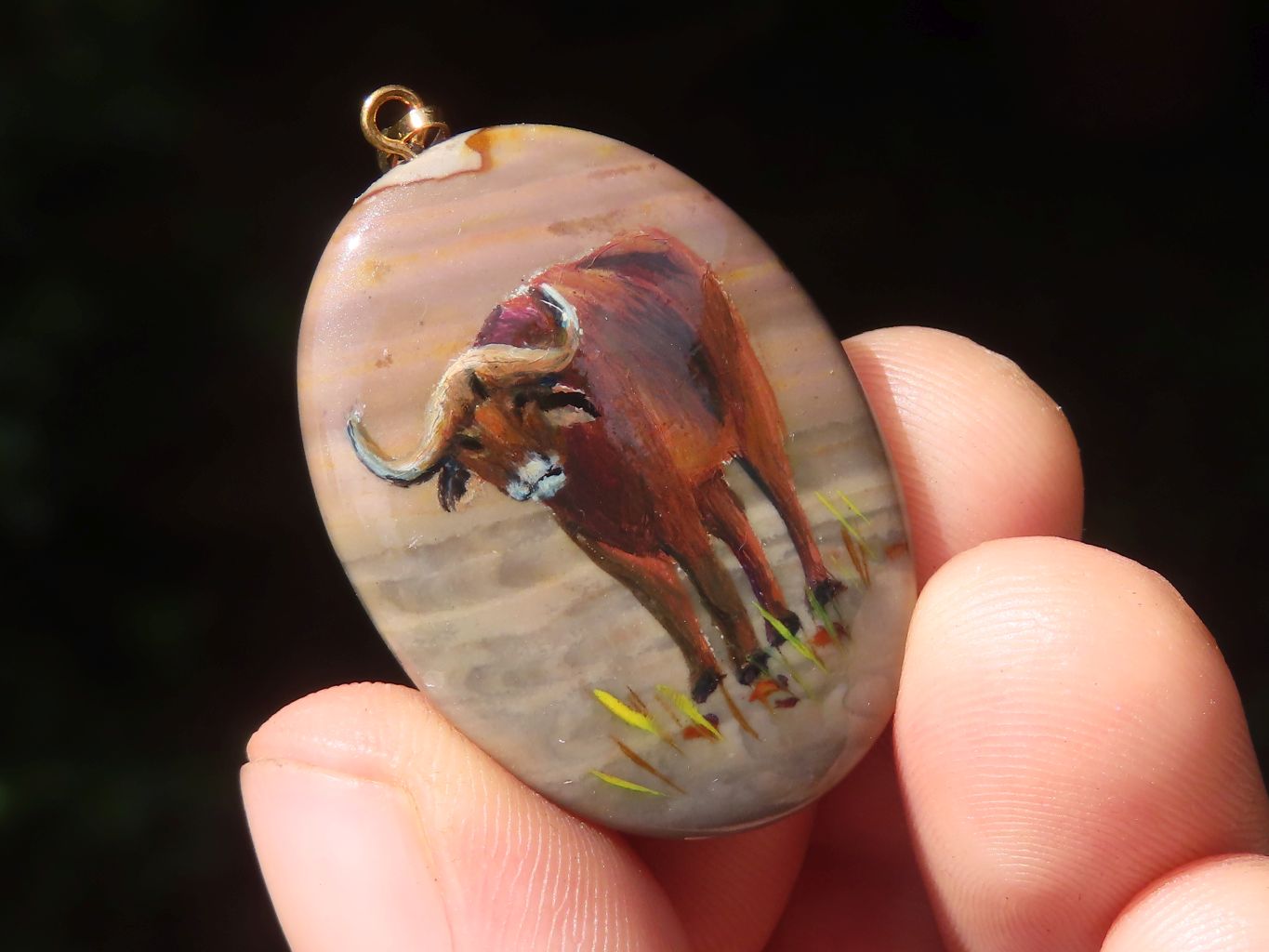 Polished Polychrome Jasper Pendant with Hand Painted Buffaloes - sold per item - From Madagascar - Toprock Gemstones and Minerals 