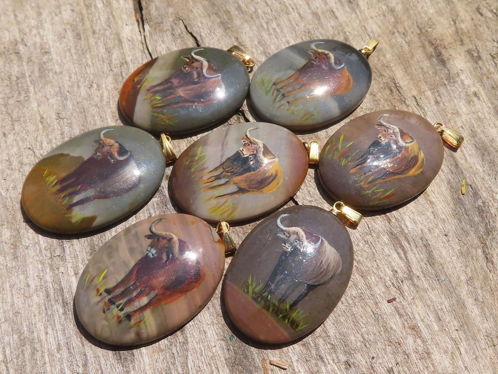 Polished Polychrome Jasper Pendant with Hand Painted Buffaloes - sold per item - From Madagascar - Toprock Gemstones and Minerals 