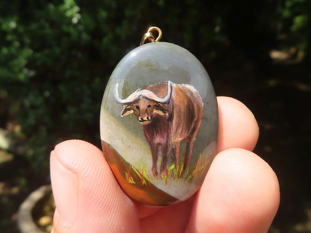 Polished Polychrome Jasper Pendant with Hand Painted Buffaloes - sold per item - From Madagascar - Toprock Gemstones and Minerals 