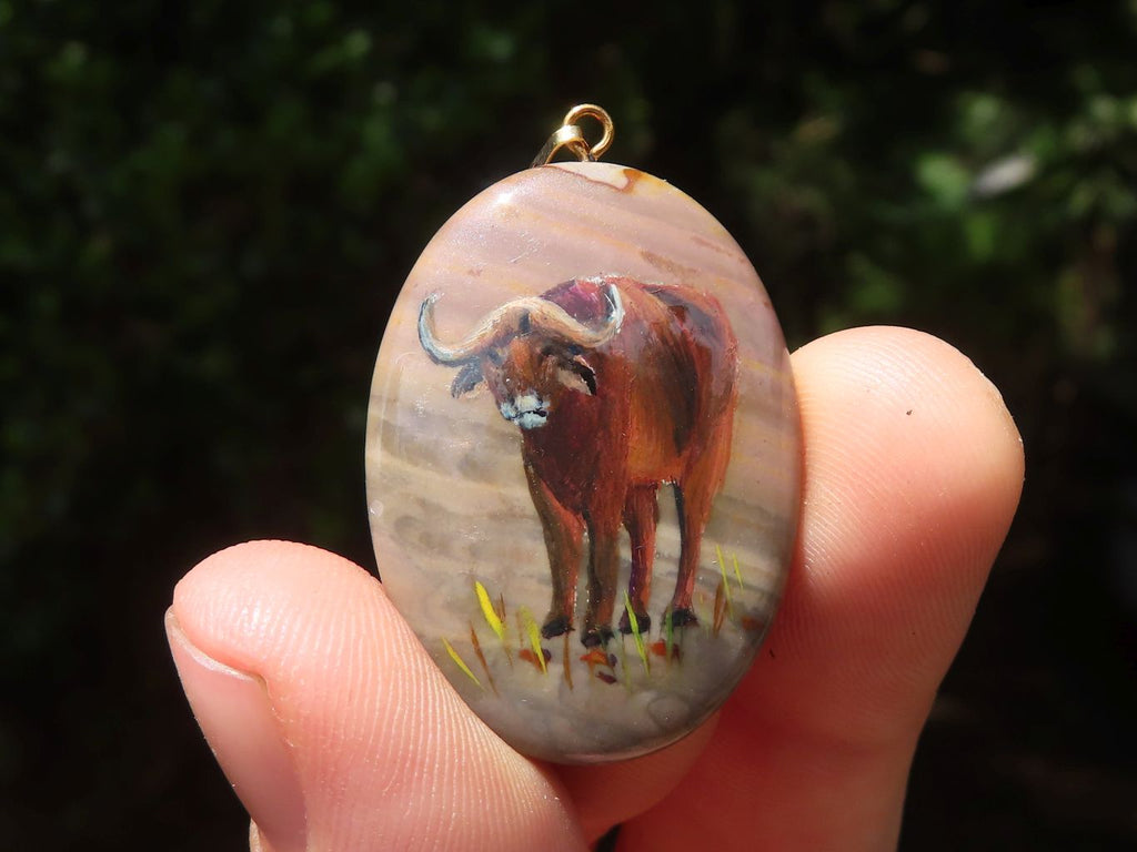Polished Polychrome Jasper Pendant with Hand Painted Buffaloes - sold per item - From Madagascar - Toprock Gemstones and Minerals 
