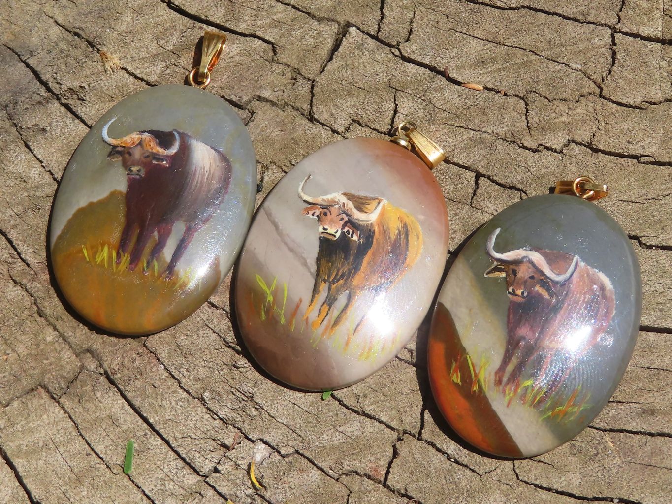 Polished Polychrome Jasper Pendant with Hand Painted Buffaloes - sold per item - From Madagascar - Toprock Gemstones and Minerals 