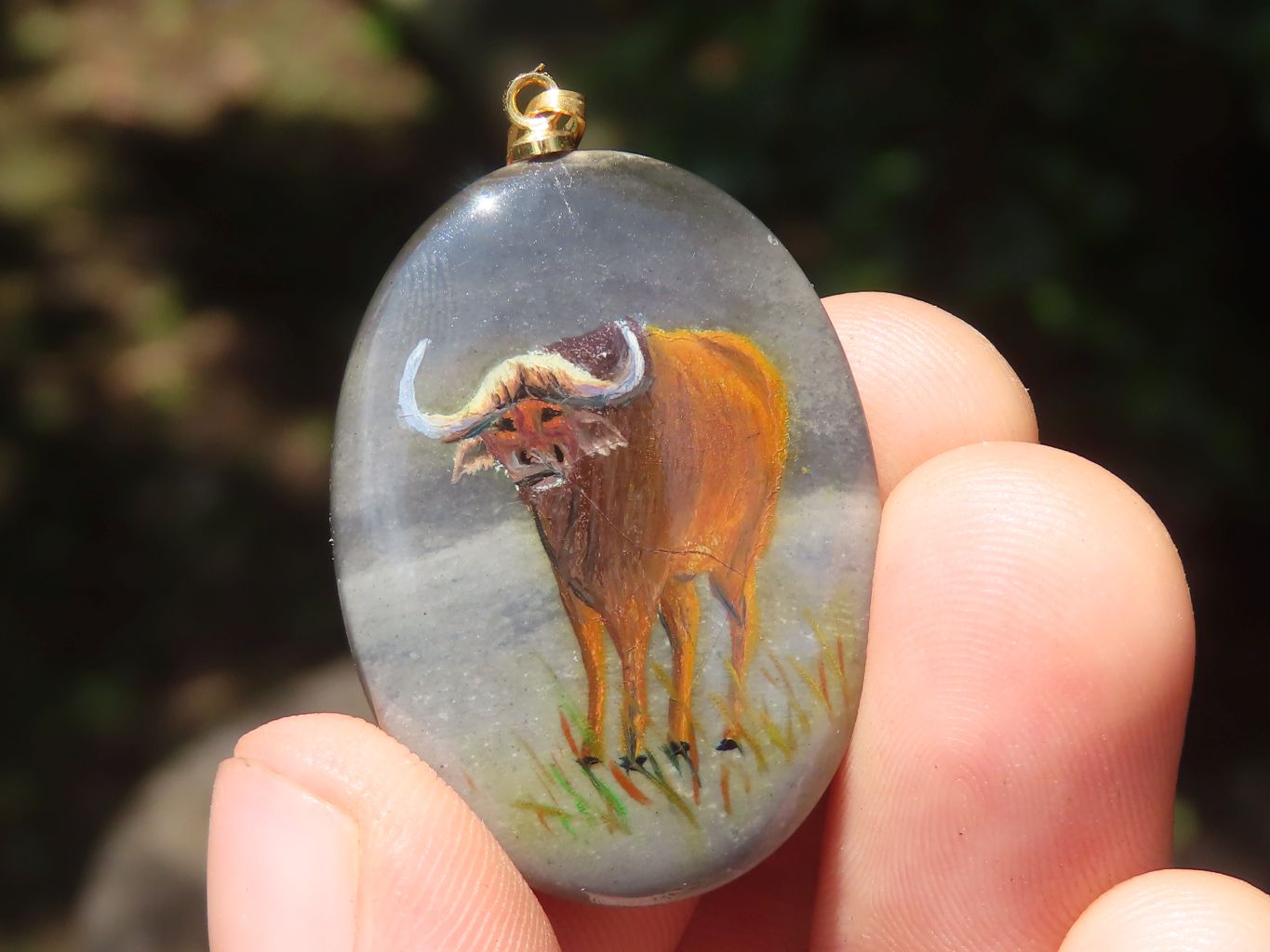 Polished Polychrome Jasper Pendant with Hand Painted Buffaloes - sold per item - From Madagascar - Toprock Gemstones and Minerals 