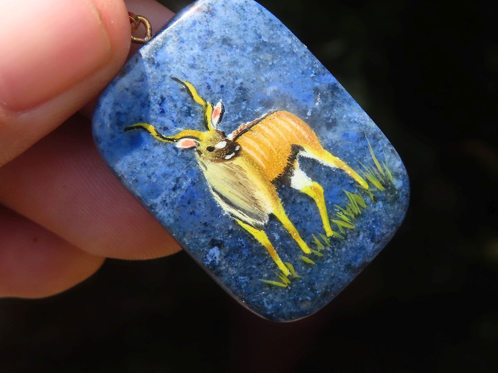 Polished Dumortierite Pendants with Hand Painted Kudu - sold per item - From Mozambique - Toprock Gemstones and Minerals 