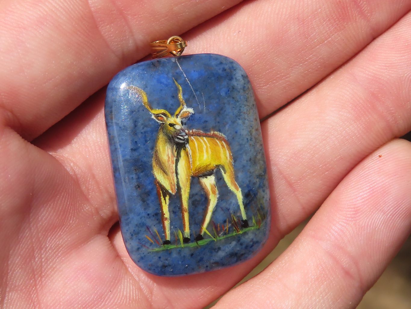 Polished Dumortierite Pendants with Hand Painted Kudu - sold per item - From Mozambique - Toprock Gemstones and Minerals 