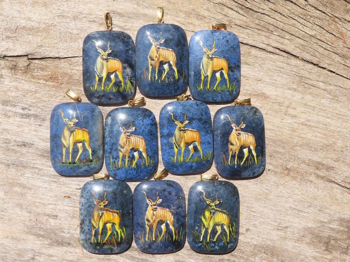 Polished Dumortierite Pendants with Hand Painted Kudu - sold per item - From Mozambique - Toprock Gemstones and Minerals 