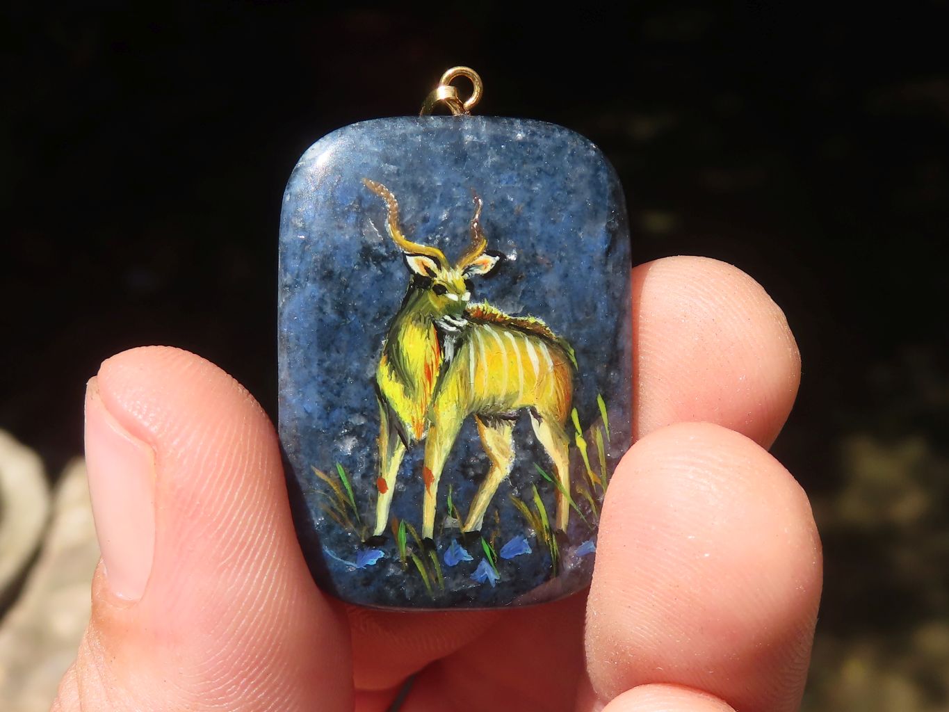 Polished Dumortierite Pendants with Hand Painted Kudu - sold per item - From Mozambique - Toprock Gemstones and Minerals 