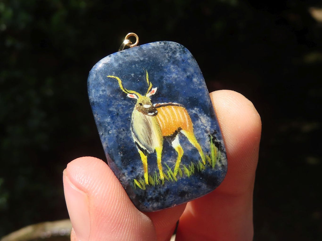 Polished Dumortierite Pendants with Hand Painted Kudu - sold per item - From Mozambique - Toprock Gemstones and Minerals 