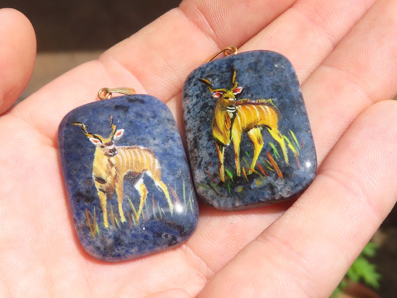 Polished Dumortierite Pendants with Hand Painted Kudu - sold per item - From Mozambique - Toprock Gemstones and Minerals 