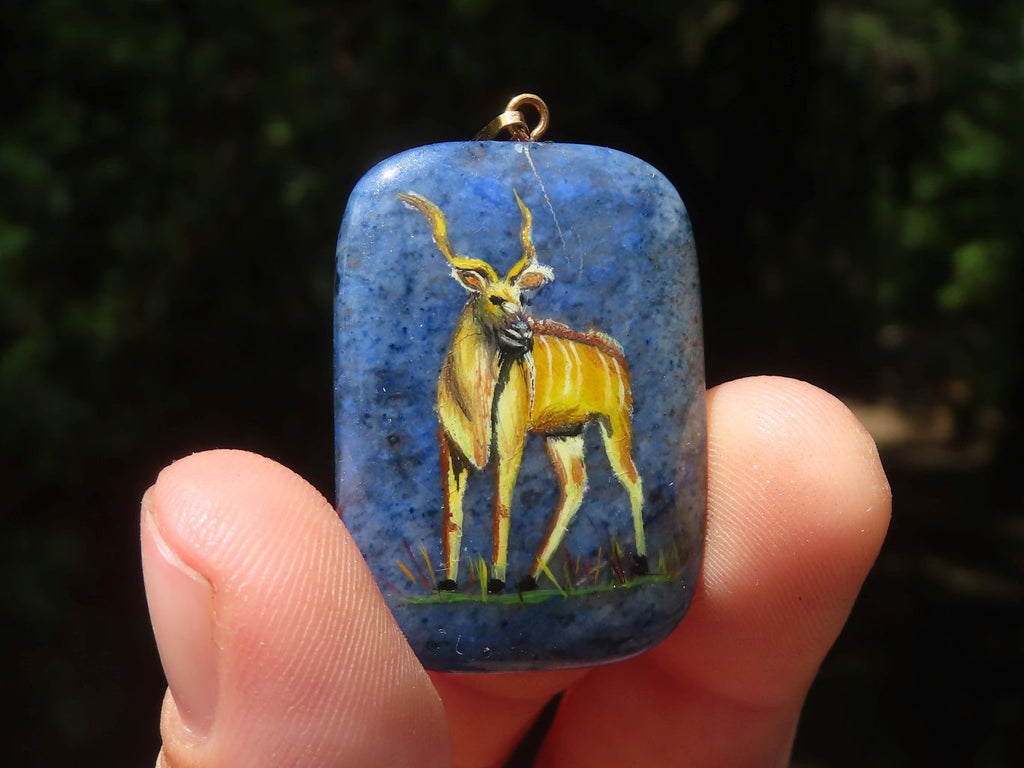 Polished Dumortierite Pendants with Hand Painted Kudu - sold per item - From Mozambique - Toprock Gemstones and Minerals 