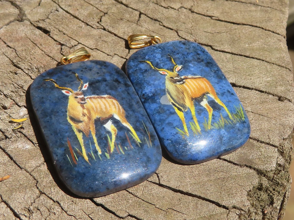 Polished Dumortierite Pendants with Hand Painted Kudu - sold per item - From Mozambique - Toprock Gemstones and Minerals 
