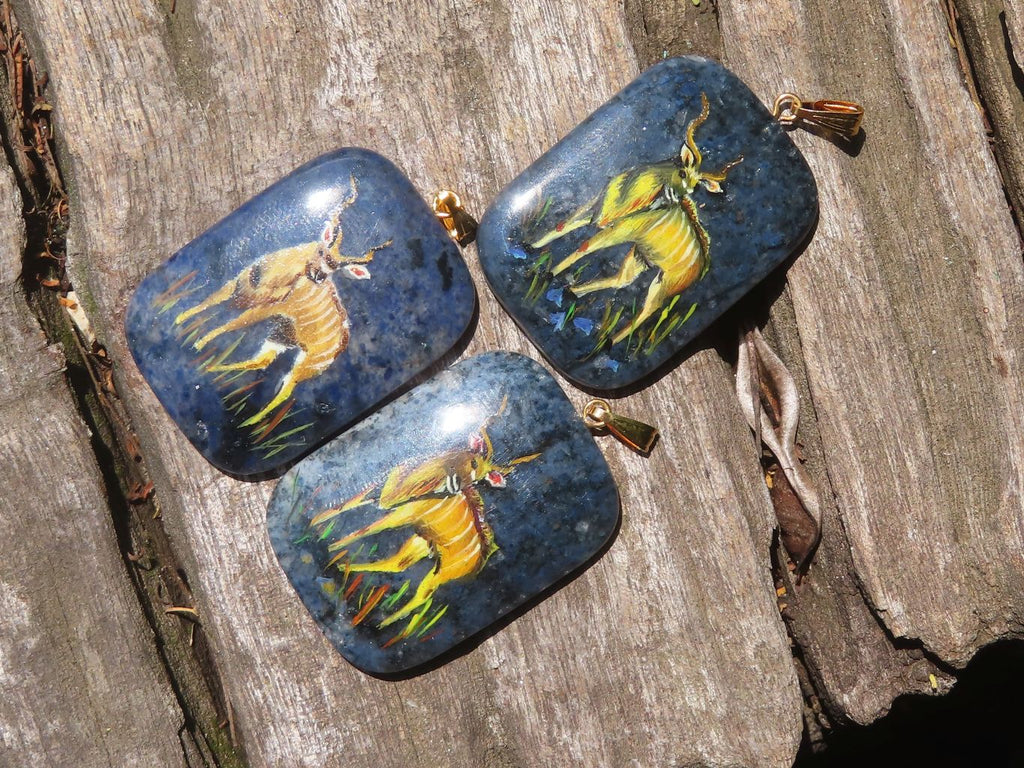 Polished Dumortierite Pendants with Hand Painted Kudu - sold per item - From Mozambique - Toprock Gemstones and Minerals 