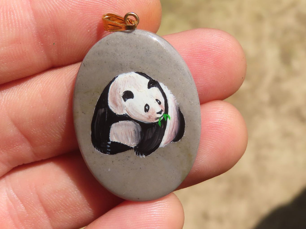 Polished Polychrome Jasper Pendant with Hand Painted Panda - sold per item - From Madagascar - Toprock Gemstones and Minerals 
