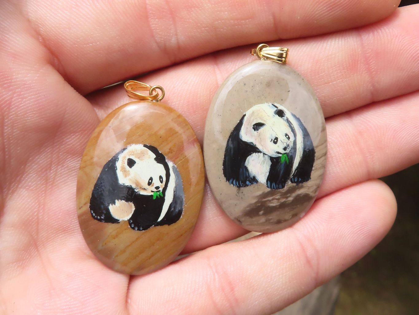 Polished Polychrome Jasper Pendant with Hand Painted Panda - sold per item - From Madagascar - Toprock Gemstones and Minerals 