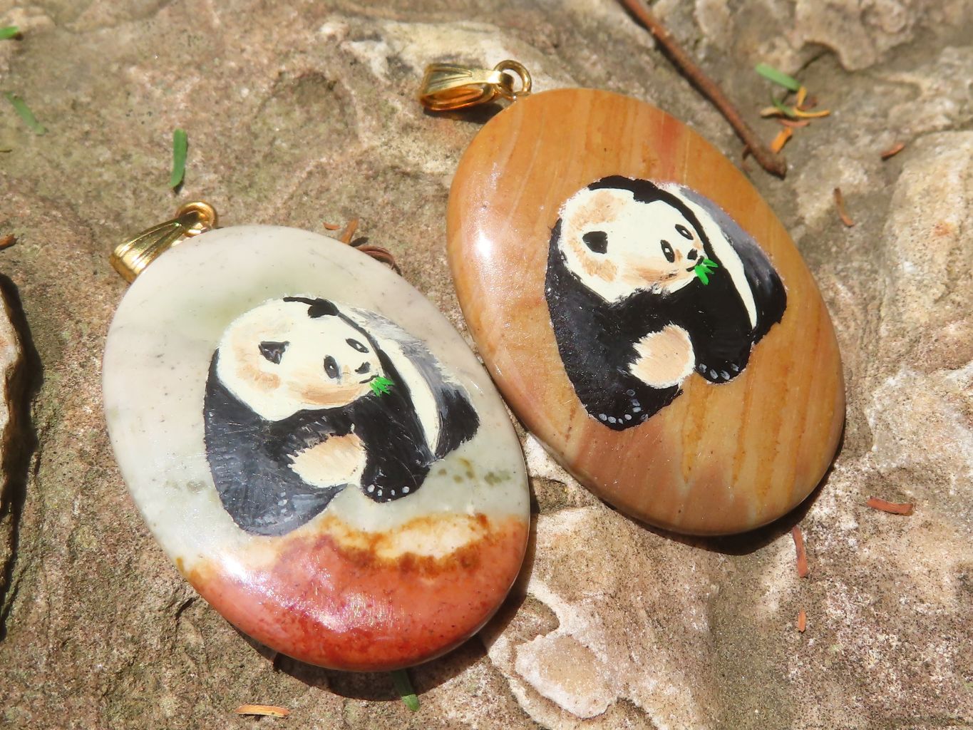 Polished Polychrome Jasper Pendant with Hand Painted Panda - sold per item - From Madagascar - Toprock Gemstones and Minerals 