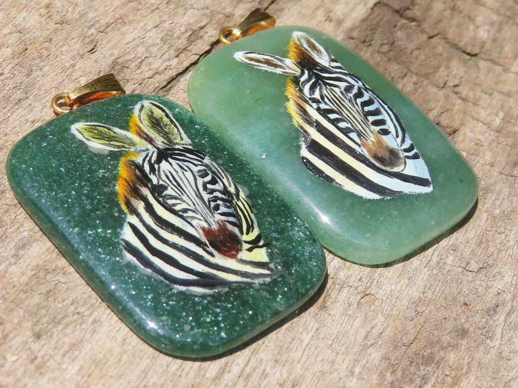 Polished Aventurine Pendant with Hand Painted Zebra - Sold Per Item - From Zimbabwe - Toprock Gemstones and Minerals 