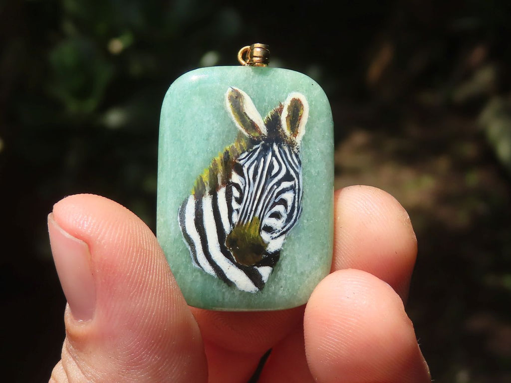 Polished Aventurine Pendant with Hand Painted Zebra - Sold Per Item - From Zimbabwe - Toprock Gemstones and Minerals 