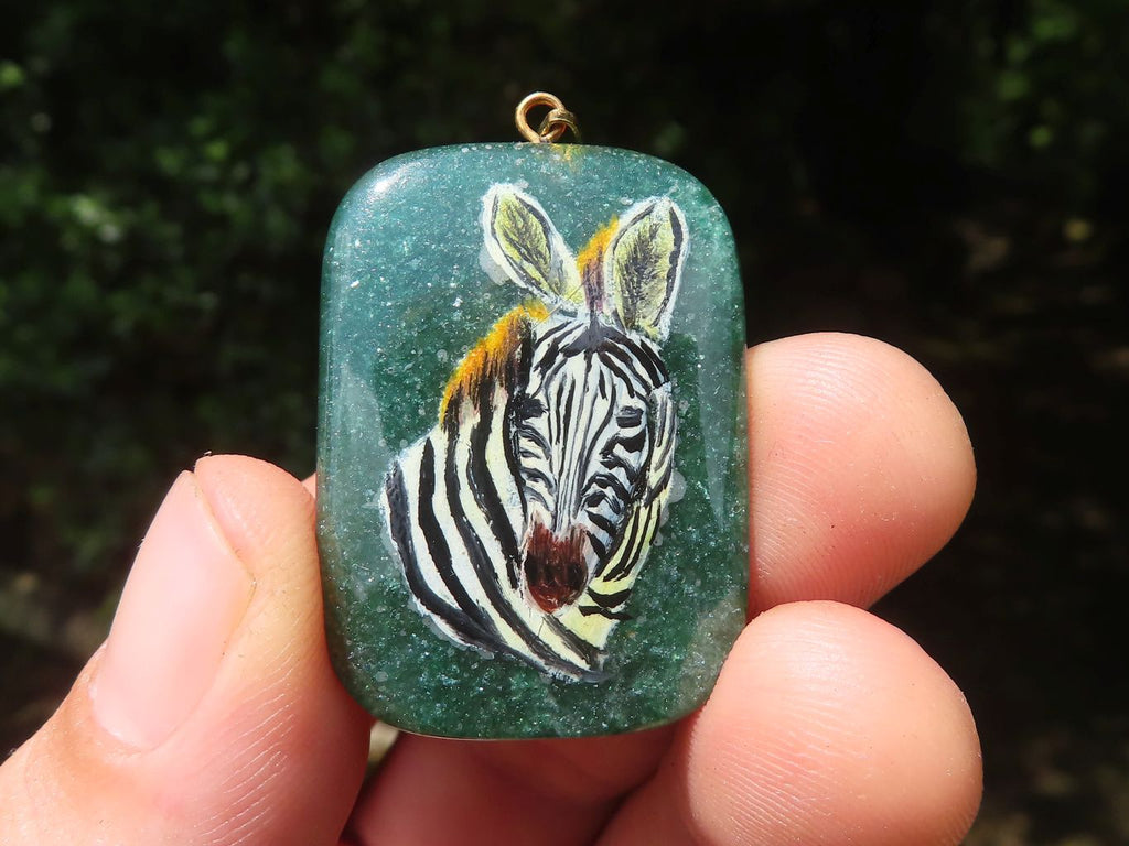 Polished Aventurine Pendant with Hand Painted Zebra - Sold Per Item - From Zimbabwe - Toprock Gemstones and Minerals 