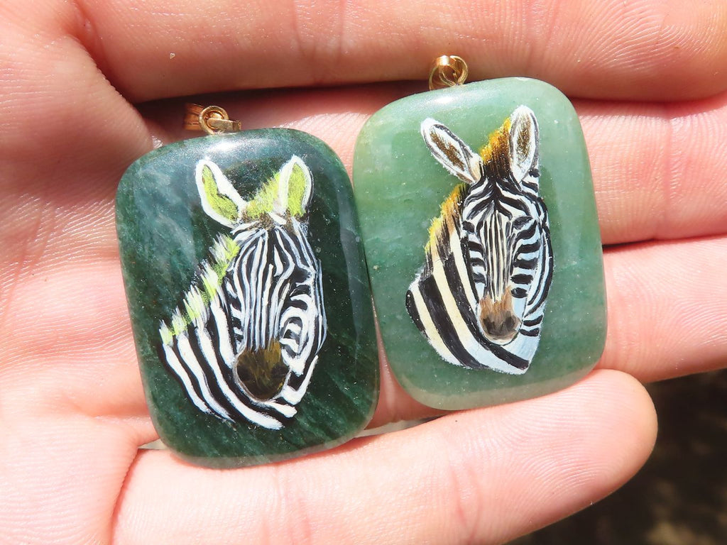 Polished Aventurine Pendant with Hand Painted Zebra - Sold Per Item - From Zimbabwe - Toprock Gemstones and Minerals 