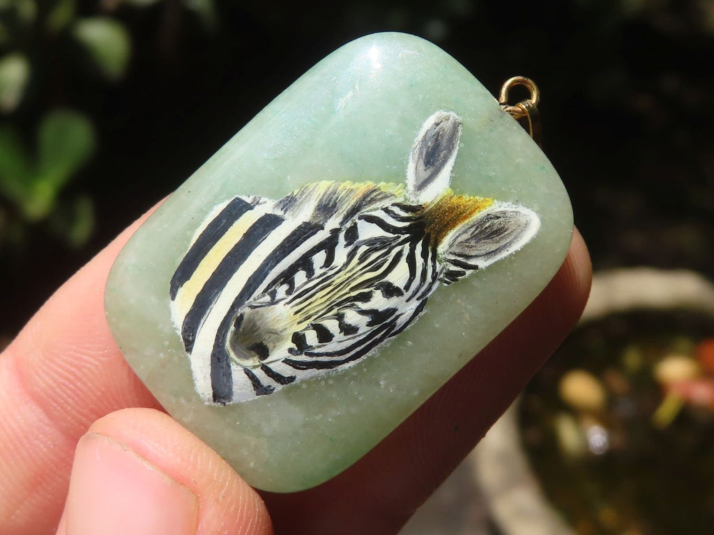Polished Aventurine Pendant with Hand Painted Zebra - Sold Per Item - From Zimbabwe - Toprock Gemstones and Minerals 