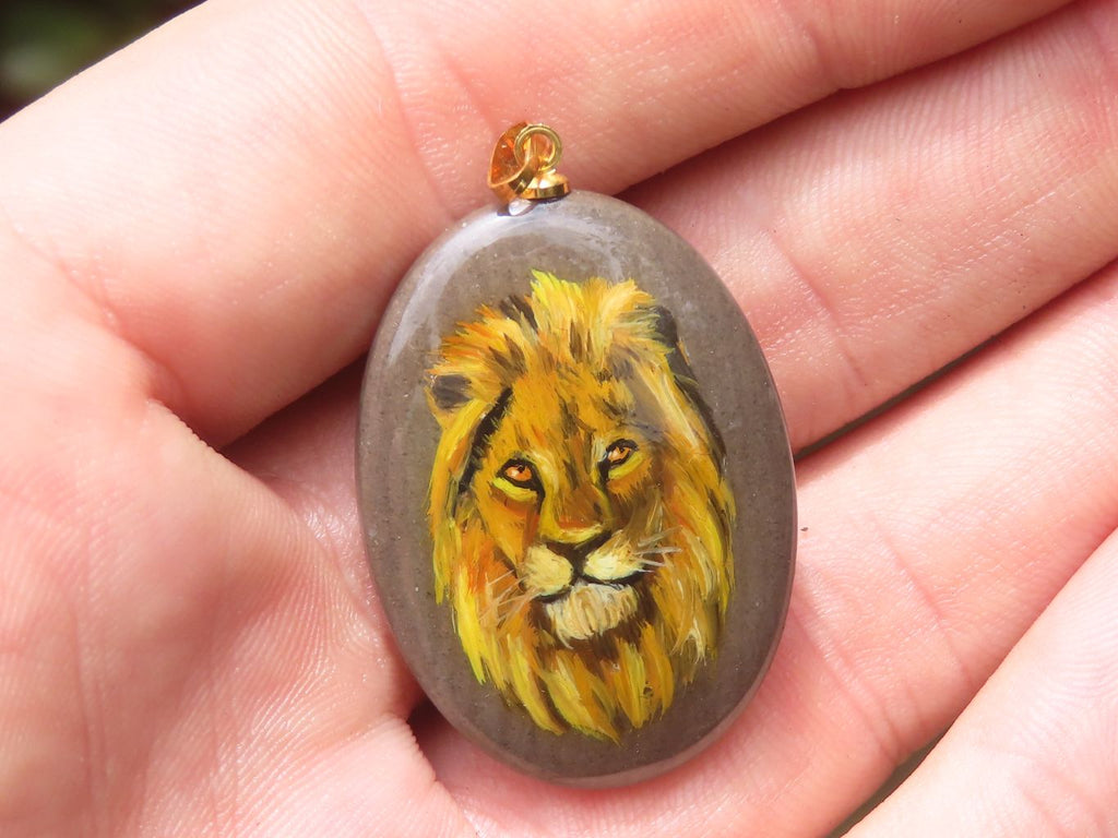 Polished Polychrome Jasper Pendant with Hand Painted Lion - sold per item - From Madagascar - Toprock Gemstones and Minerals 