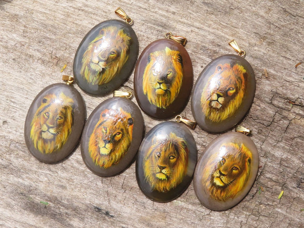 Polished Polychrome Jasper Pendant with Hand Painted Lion - sold per item - From Madagascar - Toprock Gemstones and Minerals 