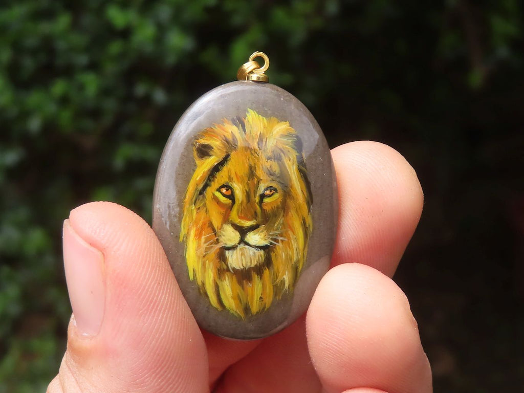 Polished Polychrome Jasper Pendant with Hand Painted Lion - sold per item - From Madagascar - Toprock Gemstones and Minerals 