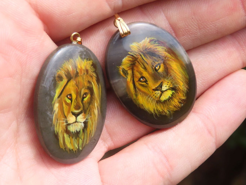 Polished Polychrome Jasper Pendant with Hand Painted Lion - sold per item - From Madagascar - Toprock Gemstones and Minerals 