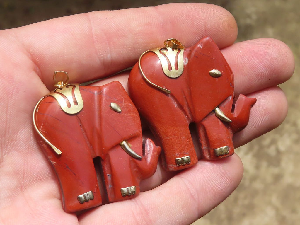 Polished Red Jasper Elephant Pendant with Gold Bail and Trim - Sold Per Item - From South Africa - Toprock Gemstones and Minerals 