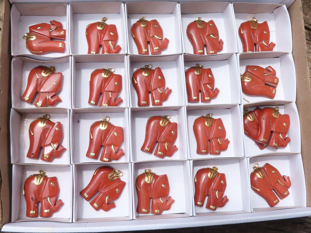 Polished Red Jasper Elephant Pendant with Gold Bail and Trim - Sold Per Item - From South Africa - Toprock Gemstones and Minerals 