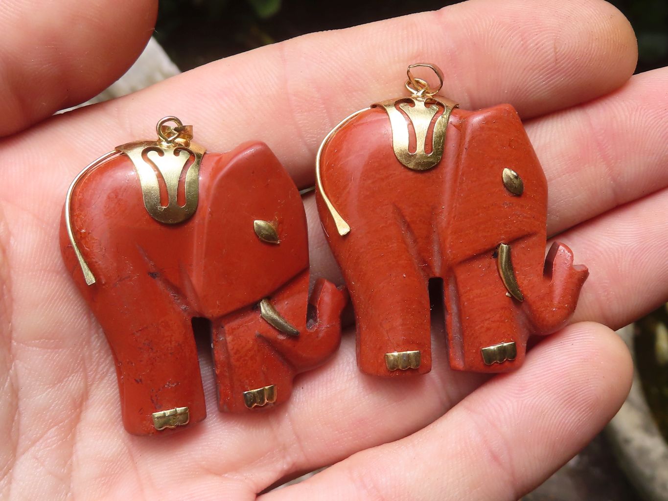 Polished Red Jasper Elephant Pendant with Gold Bail and Trim - Sold Per Item - From South Africa - Toprock Gemstones and Minerals 