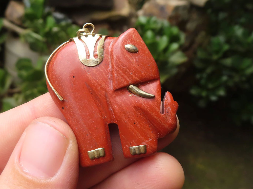Polished Red Jasper Elephant Pendant with Gold Bail and Trim - Sold Per Item - From South Africa - Toprock Gemstones and Minerals 