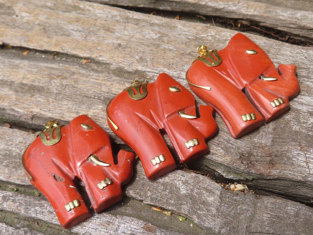 Polished Red Jasper Elephant Pendant with Gold Bail and Trim - Sold Per Item - From South Africa - Toprock Gemstones and Minerals 