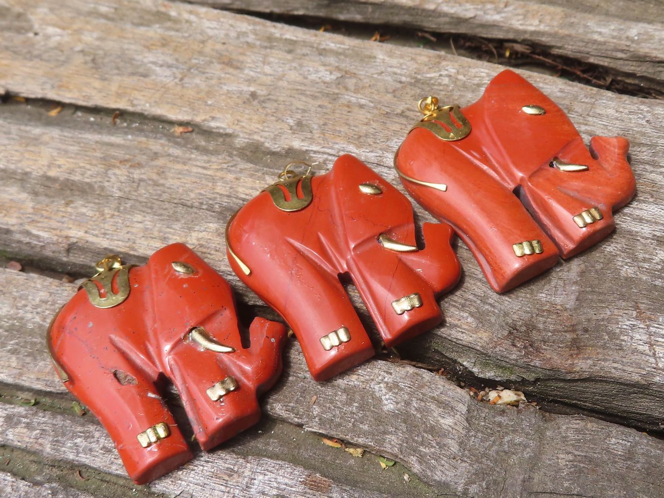 Polished Red Jasper Elephant Pendant with Gold Bail and Trim - Sold Per Item - From South Africa - Toprock Gemstones and Minerals 