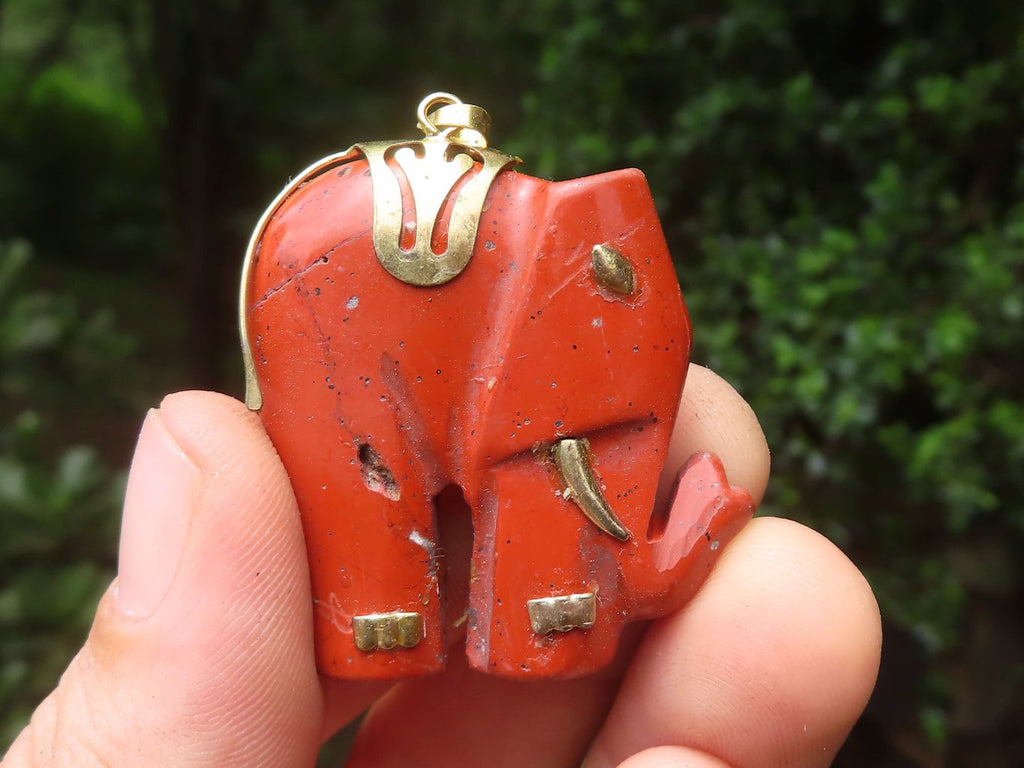 Polished Red Jasper Elephant Pendant with Gold Bail and Trim - Sold Per Item - From South Africa - Toprock Gemstones and Minerals 